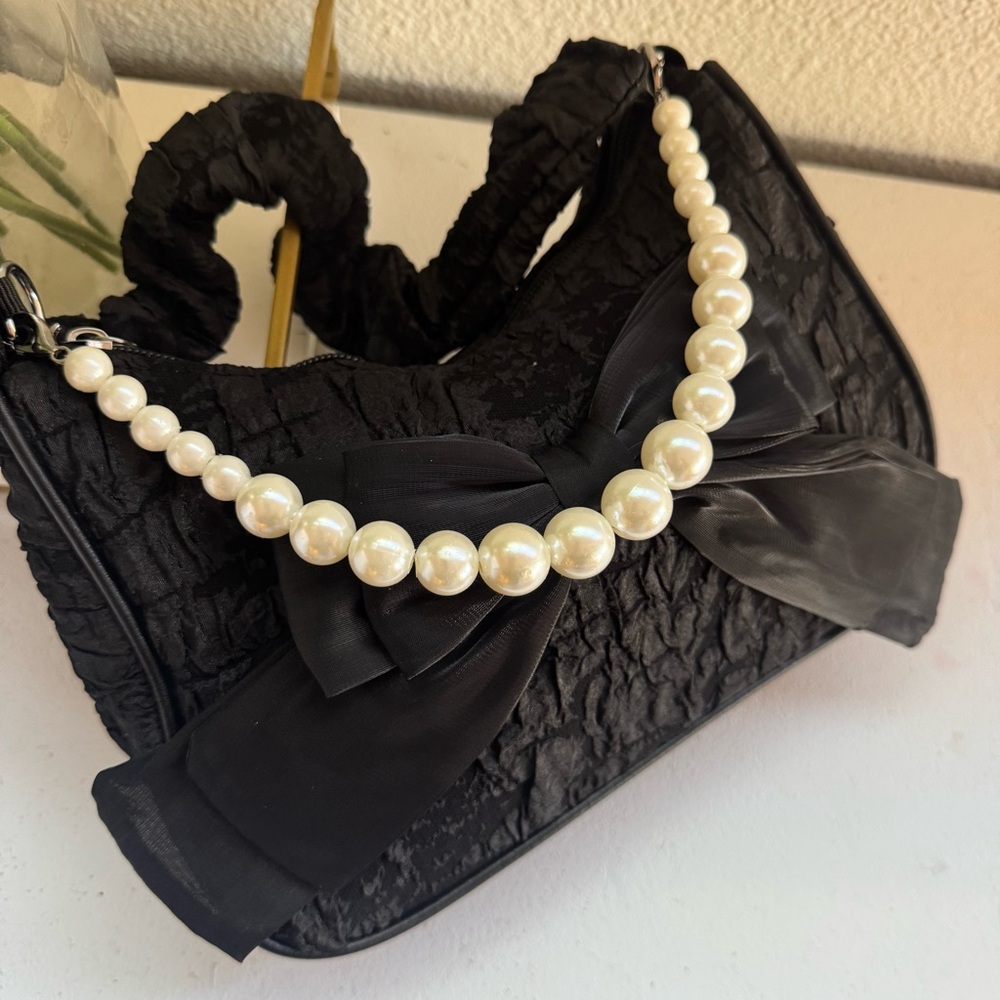 Black lace crossbody bag with pearl top handle & ribbon bow | Coquette Style NWT - Picture 8 of 11